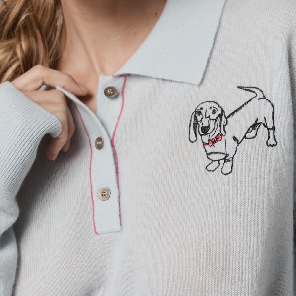 Blue Anthropologie Polo Cashmere Sweater with Embroidered Dachshund - Picture 2 of 3